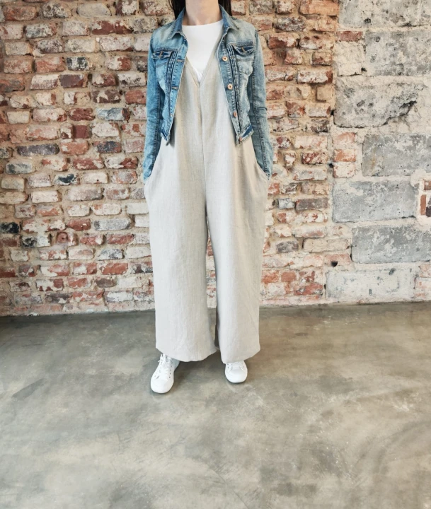 Ogrodniczki damskie 100% len- Oversize naturalny beż