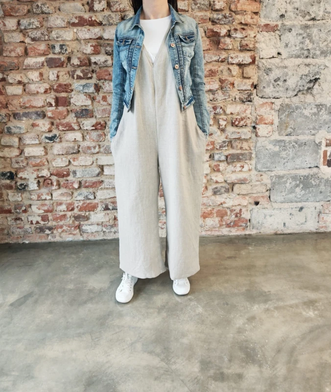 Ogrodniczki damskie 100% len- Oversize naturalny beż