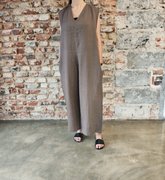 Ogrodniczki damskie 100% len- Oversize czekoladowy brąz