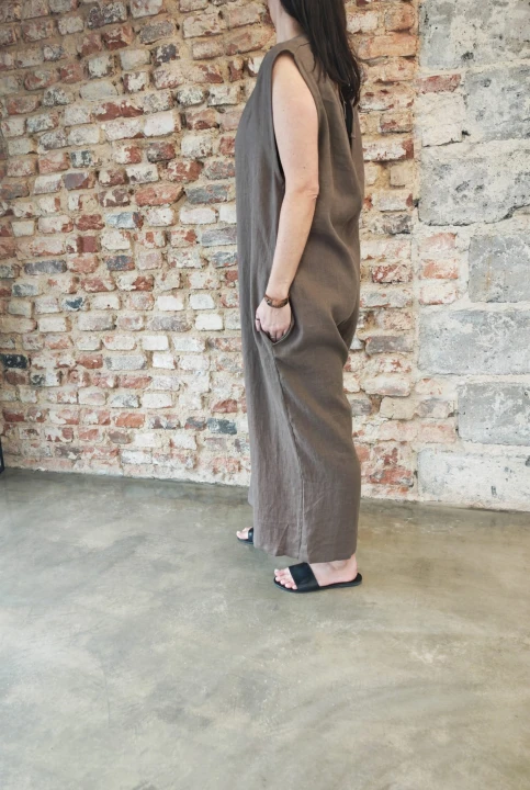 Ogrodniczki damskie 100% len- Oversize czekoladowy brąz