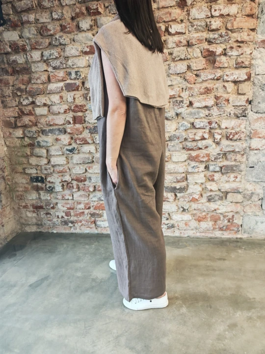 Ogrodniczki damskie 100% len- Oversize czekoladowy brąz