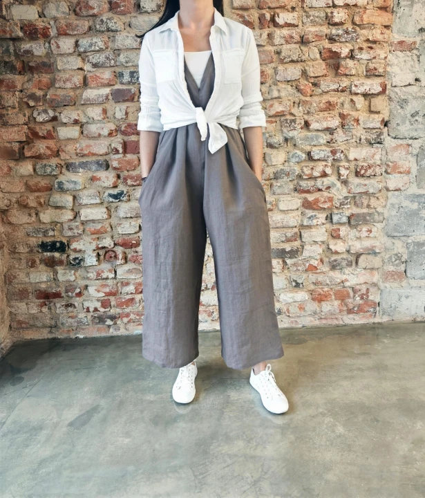 Ogrodniczki damskie 100% len- Oversize czekoladowy brąz