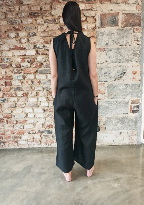 Ogrodniczki damskie 100% len- Oversize czarne