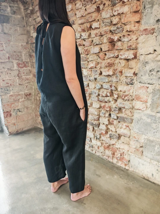 Ogrodniczki damskie 100% len- Oversize czarne