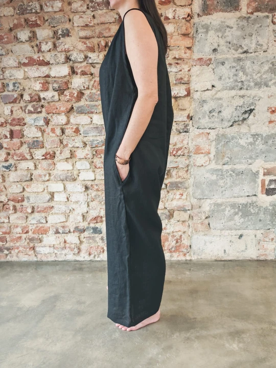 Ogrodniczki damskie 100% len- Oversize czarne