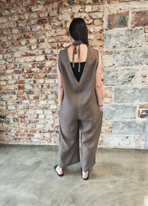 Ogrodniczki damskie 100% len- Oversize czekoladowy brąz