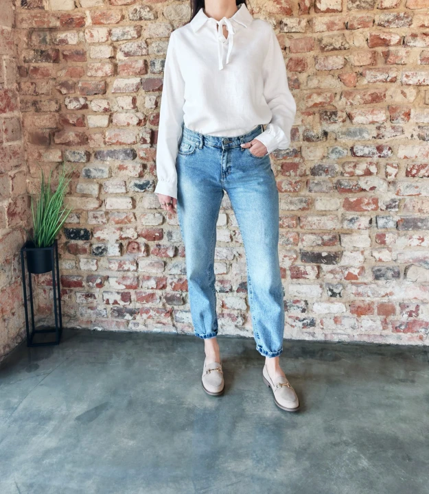 Bluzka lniana damska z kołnierzykiem i wiązaniem S/M - 100% len biała