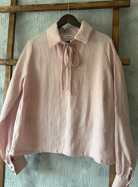 Bluzka lniana damska z kołnierzykiem i wiązaniem S/M 100% len różowa