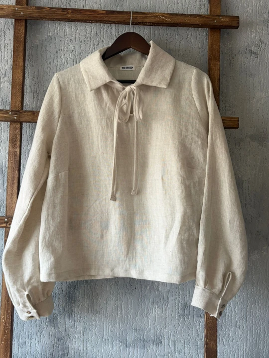 Bluzka lniana damska z kołnierzykiem i wiązaniem -100% len owsiana