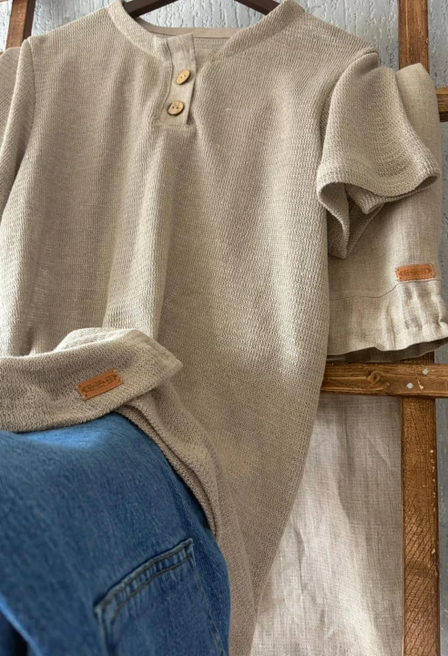 T-shirt męski 100% len rozm S/M małe L / guziki kokosowe