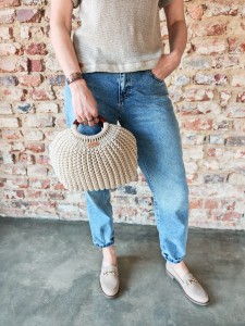 Torebka / koszyk pleciony ze sznurka bawełnianego w kształcie muszli, rękodzieło