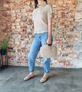 Torebka / koszyk pleciony ze sznurka bawełnianego w kształcie muszli, rękodzieło