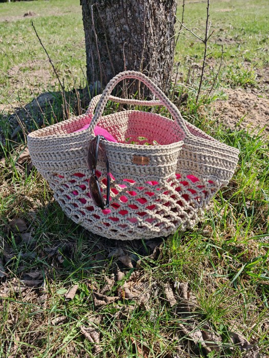 Torba / siatka ze sznurka bawełnianego w kolorze beżowym, rękodzieło
