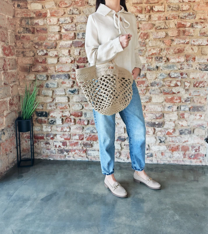 Torba / siatka ze sznurka bawełnianego w kolorze beżowym, rękodzieło