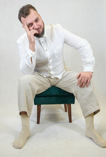 Lniana Koszula męska - Z KOŁNIERZYKIEM, biała