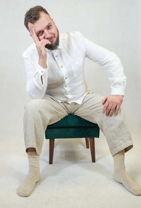 Lniana Koszula męska - Z KOŁNIERZYKIEM, biała