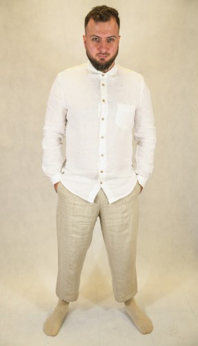 Lniana Koszula męska - Z KOŁNIERZYKIEM, biała