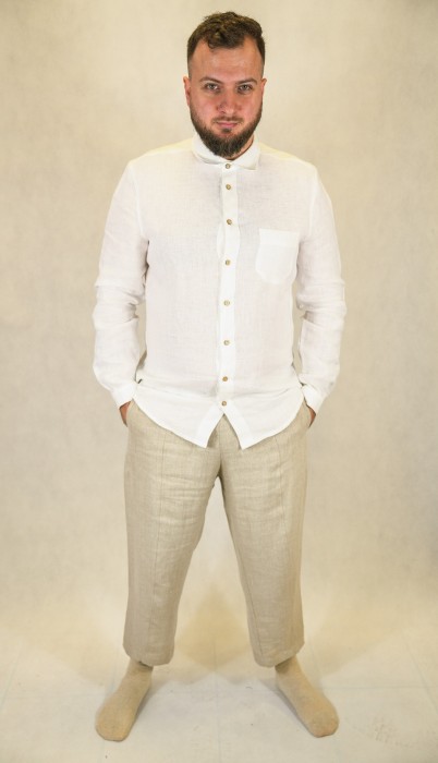 Lniana Koszula męska - Z KOŁNIERZYKIEM, biała