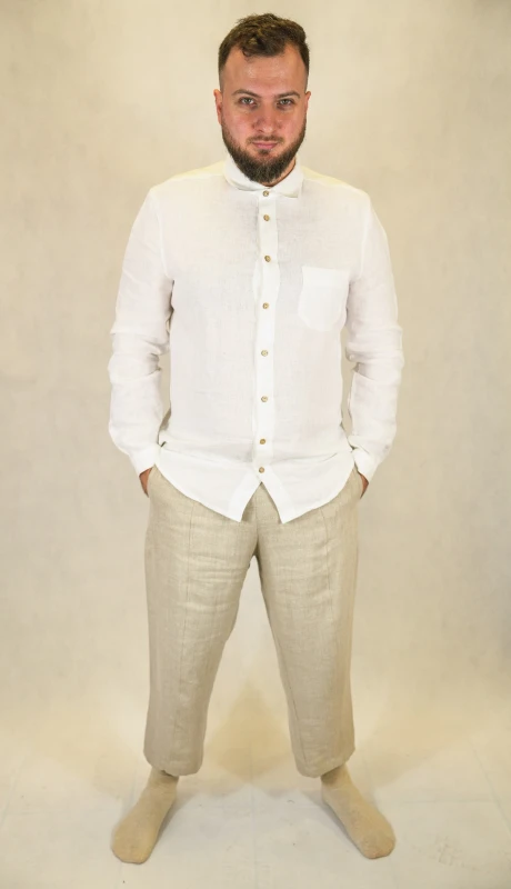 Lniana Koszula męska - Z KOŁNIERZYKIEM, biała