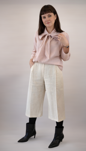 Bluzka koszulowa damska, mglisty róż LEN 100% - z wiązaniem pod szyją / rozmiar M