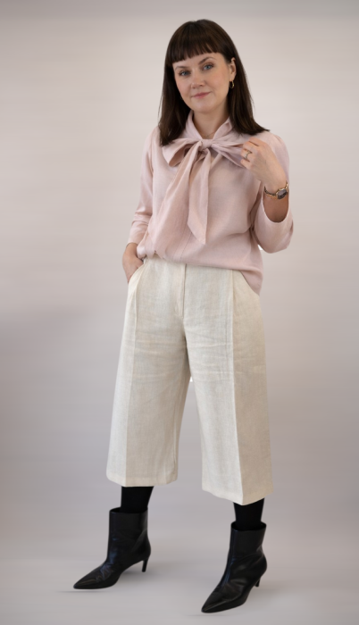 Bluzka koszulowa damska, mglisty róż LEN 100% - z wiązaniem pod szyją / rozmiar M