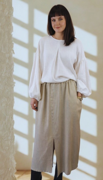 Spódnica z rozcięciem z przodu i kieszeniami, naturalny beż LEN 100% - rozmiar uniwersalny