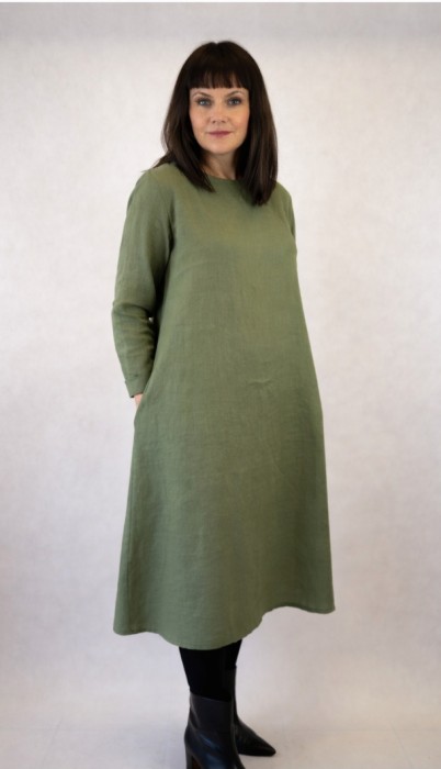 Suknia Lniana, MIDI trapezowa - zieleń awokado, rozmiar S/M