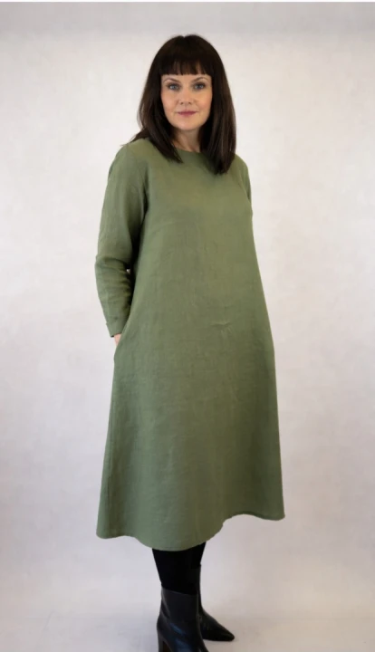 Suknia Lniana, MIDI trapezowa - zieleń awokado, rozmiar S/M