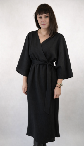 Lniana Sukienka damska - KIMONOWY rękaw, czarna