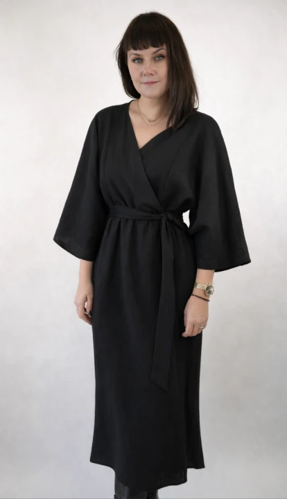 Lniana Sukienka damska - KIMONOWY rękaw, czarna