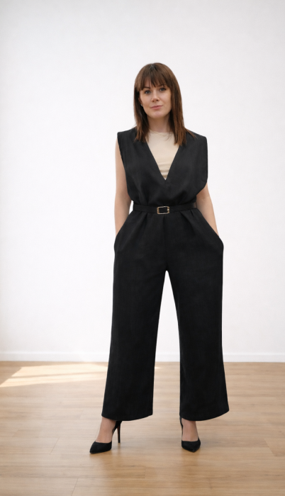 Ogrodniczki damskie 100% len- Oversize czarne