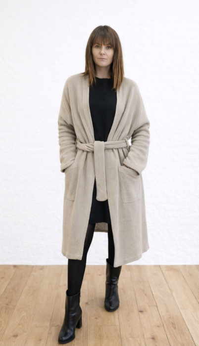 Płaszcz, Kardigan damski, naturalny beż LEN 100% - rozmiar uniwersalny