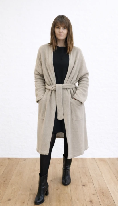 Płaszcz, Kardigan damski, naturalny beż LEN 100% - rozmiar uniwersalny