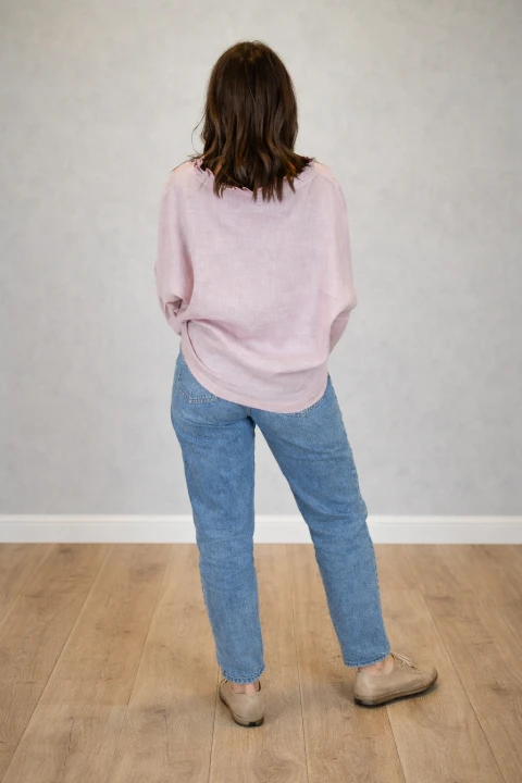 BLUZKA lniana z falbaną BOHO, LEN 100% - rozmiar uniwersalny, kolor MGLISTY RÓŻ