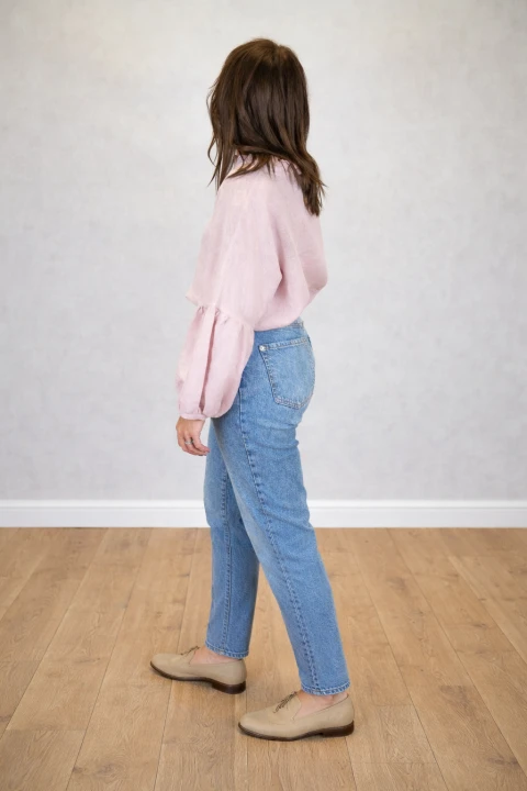 BLUZKA lniana z falbaną BOHO, LEN 100% - rozmiar uniwersalny, kolor MGLISTY RÓŻ