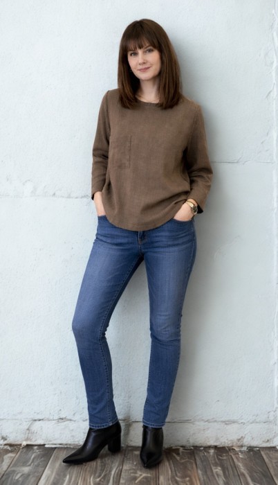 BLUZKA BASIC lniana z kieszonką, czekoladowy BRĄZ