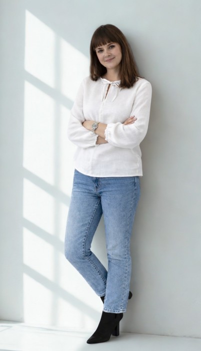 Lniana Bluzka damska - Z WIĄZANIAMI, biała