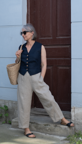 Lniane Spodnie damskie - WYSOKI STAN, LUŹNE - naturalne