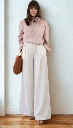 Bluzka koszulowa damska, mglisty róż LEN 100% - z chokerem w kształcie RÓŻY / rozmiarM