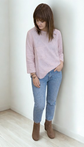 BLUZKA BASIC lniana z kieszonką, mglisty RÓŻ