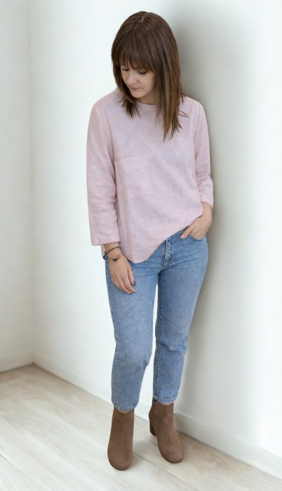 BLUZKA BASIC lniana z kieszonką, mglisty RÓŻ