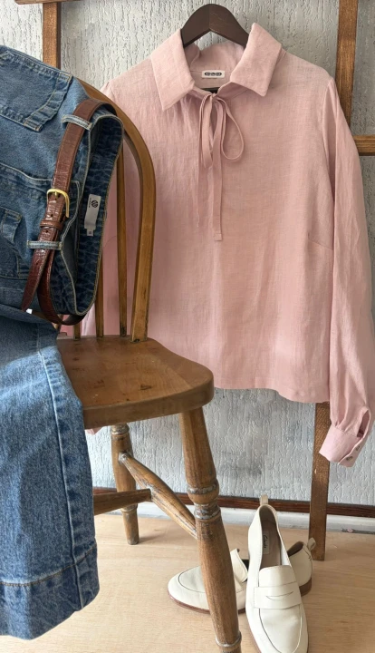 Bluzka lniana damska z kołnierzykiem i wiązaniem S/M 100% len różowa