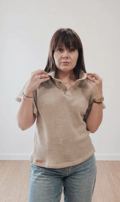 T-shirt polo damski 100% len ,kolor naturalny