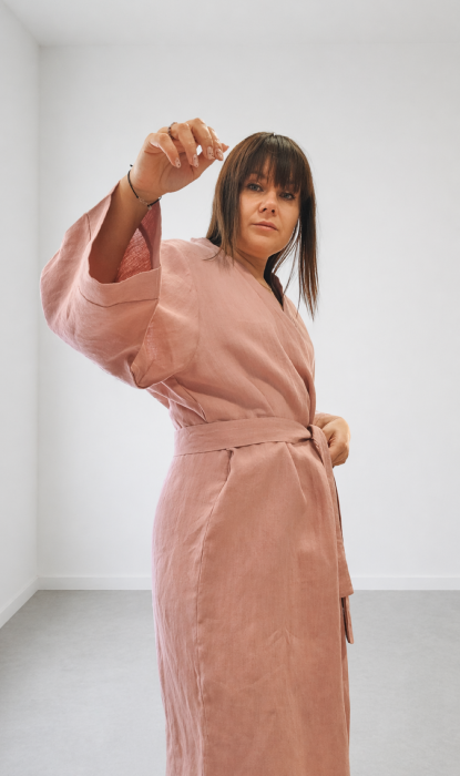 Lniany Szlafrok damski - RÓŻOWY mini