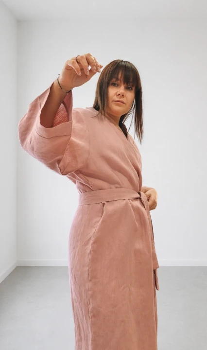 Lniany Szlafrok damski - RÓŻOWY mini