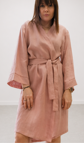 Lniany Szlafrok damski - RÓŻOWY midi