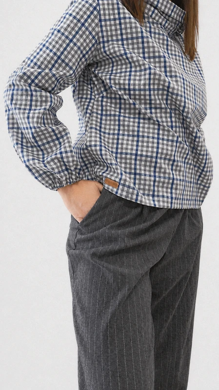 BLUZKA w kratkę WIĄZANA, lniano-bawełniana