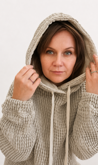 BLUZA lniano-bawełniana Z KAPTUREM, szara z naturalnym kapturem UNISEX