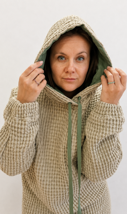 BLUZA lniano-bawełniana Z KAPTUREM, szara z zielonym kapturem UNISEX