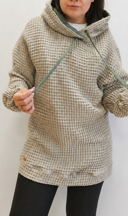BLUZA lniano-bawełniana Z KAPTUREM, szara z zielonym kapturem UNISEX